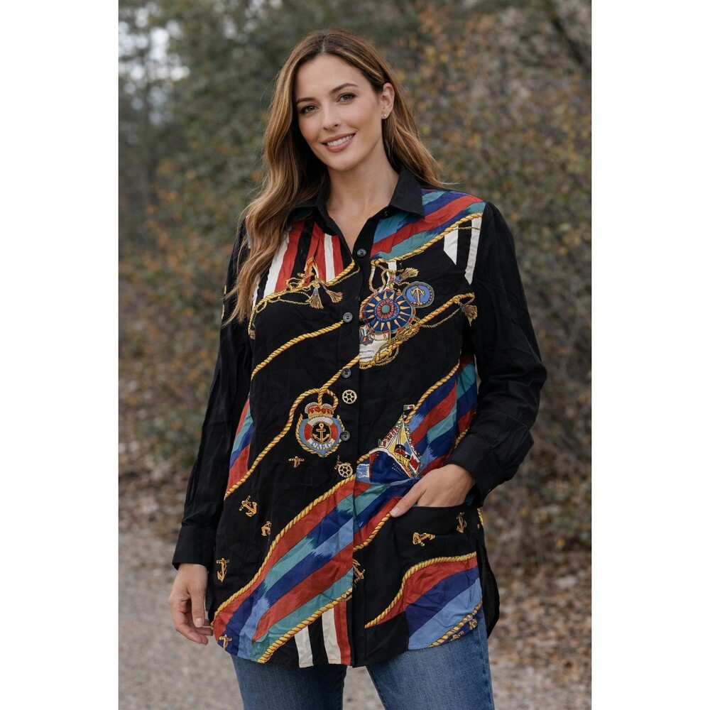 Carole Little VTG  Artsy Colorful Bright Button Tunic Shirt Boho Cruise Sz 8 USA